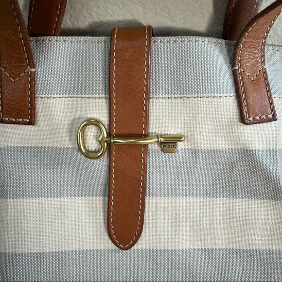 Fossil Rachel Blue Gray /Cream Coated Canvas KEY Leather Shoulder Tote Bag - Picture 8 of 14